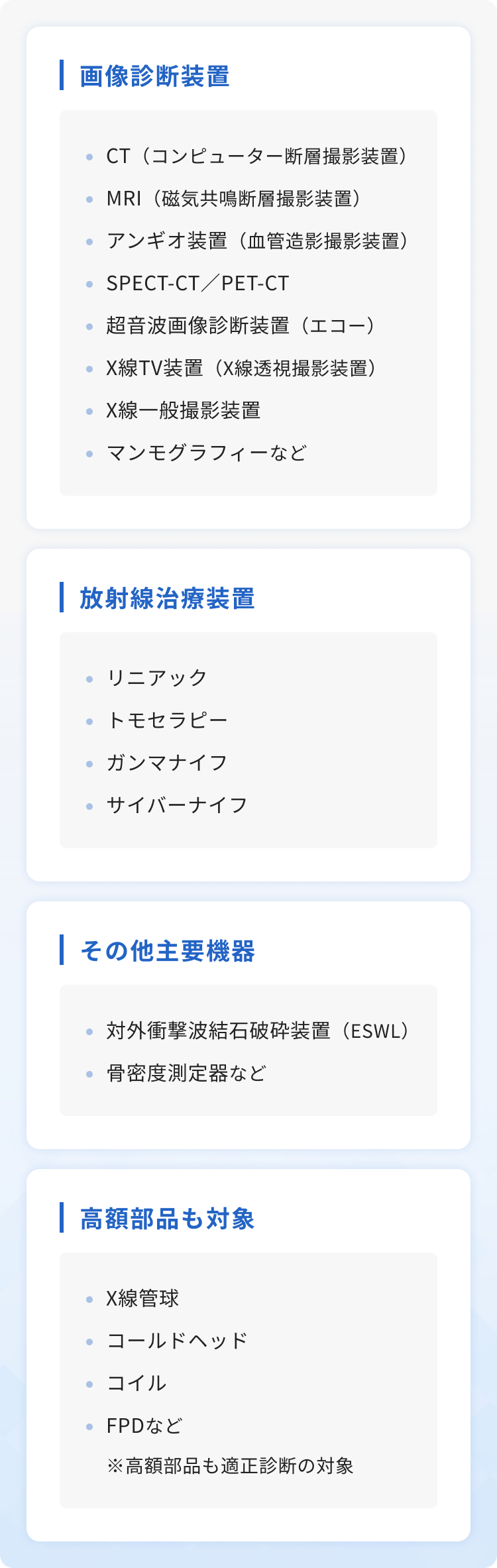 画像診断装置 / 放射線治療装置 / その他主要機器 / 高額部品も対象